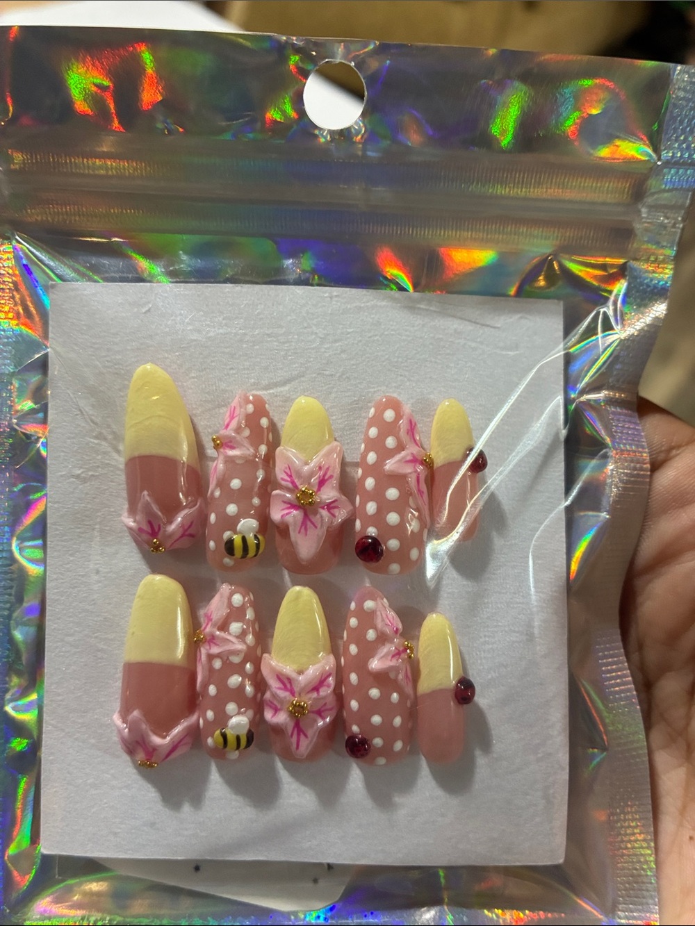 Pink & Yellow Floral Press-On Nail Set for Women